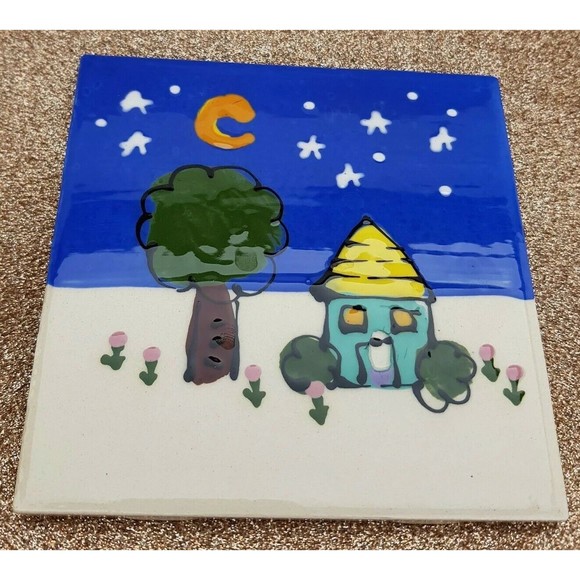 Robin Sterling Art Tile Signed Ceramic  Studio Pottery Night Moon 4.25" Square - Picture 6 of 12